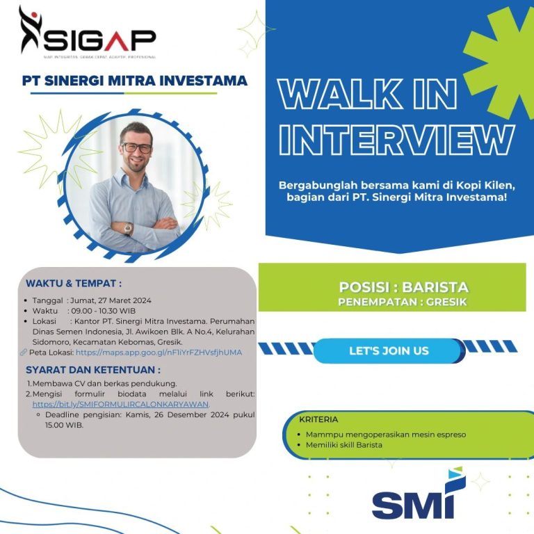 Lowongan Kerja Barista PT Sinergi Mitra Investama Gresik