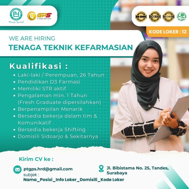 Lowongan Kerja Tenaga Teknik Kefarmasian RS Bunda Group Sidoarjo