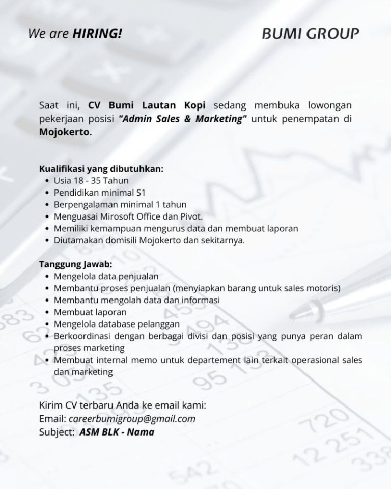 Lowongan Kerja Admin Sales & Marketing CV Bumi Lautan Kopi Mojokerto 