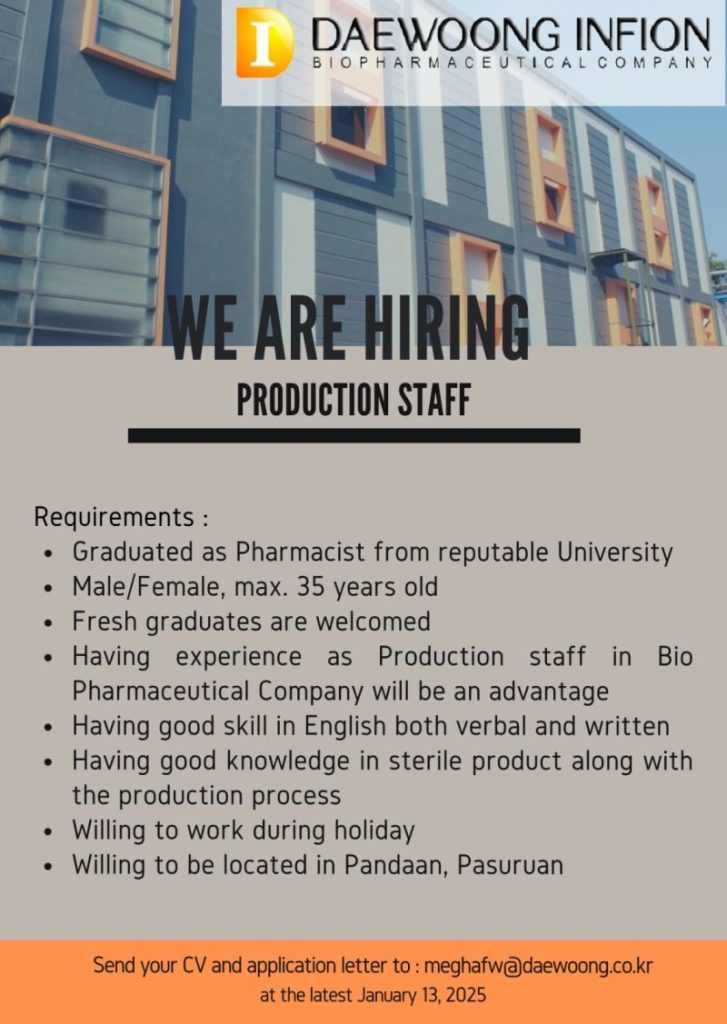 lowongan kerja Staf Produksi PT Daewoong Infion Pasuruan
