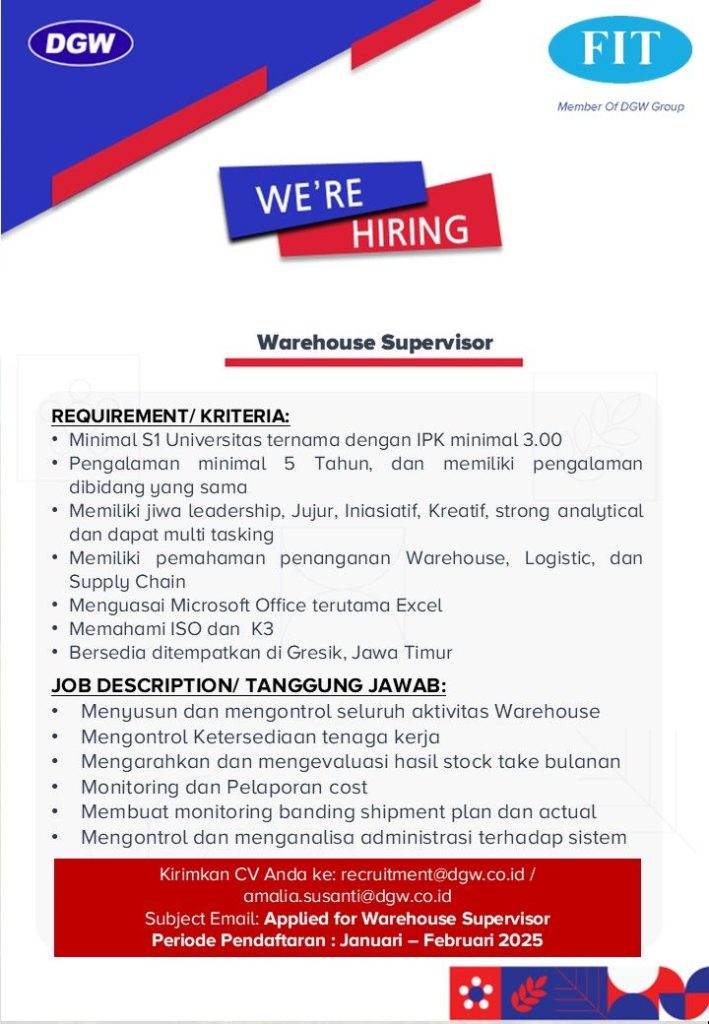 Lowongan Kerja Warehouse Supervisor DWG Fertilizer Gresik