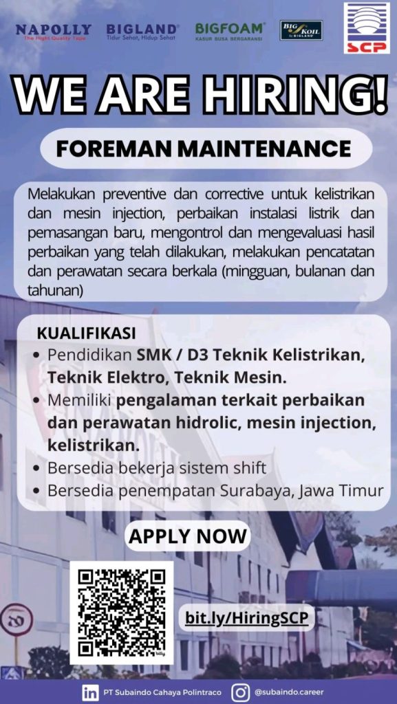 Lowongan Kerja Foreman Maintenance PT Subaindo Cahaya Polintraco Surabaya