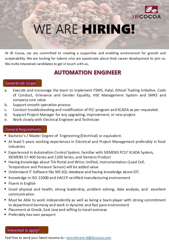 Lowongan Kerja Automation Engineer JB Cocoa Gresik 