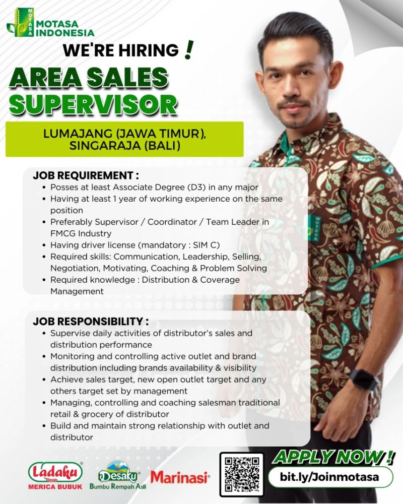 Lowongan Kerja Area Sales Supervisor PT Motasa Indonesia Lumajang
