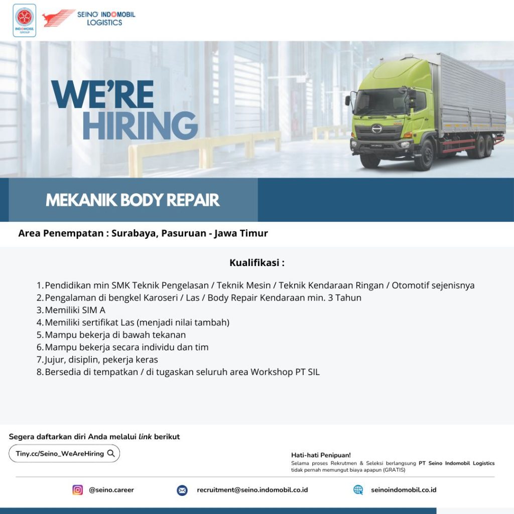 Lowongan Kerja Mekanik Body Repair PT Seino Indomobil Logistics Surabaya & Pasuruan