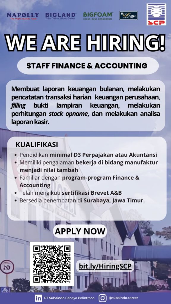 Lowongan Kerja Staff Finance & Accounting PT Subaindo Cahaya Polintraco Surabaya
