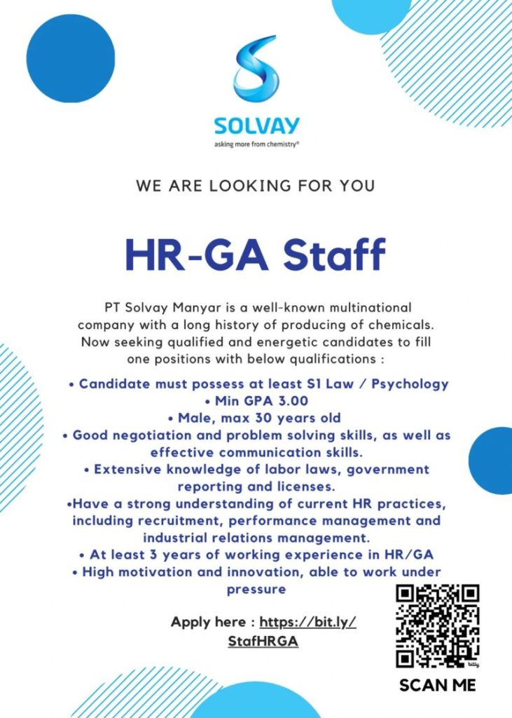 Lowongan Kerja HRGA Staff PT Solvay Manyar Gresik