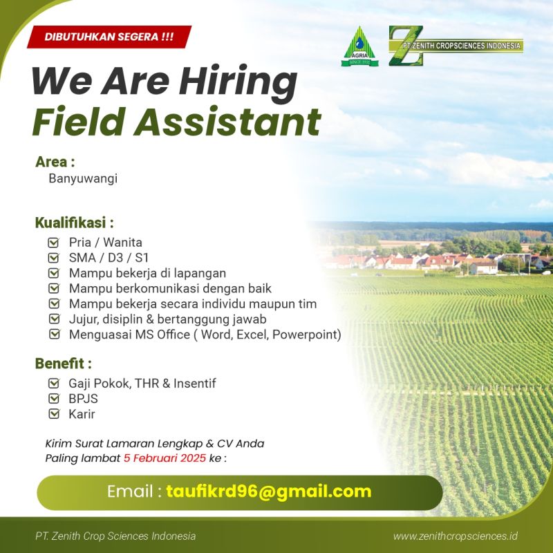 Lowongan Kerja Field Assistant PT Zenith Crop Sciences Indonesia di Banyuwangi