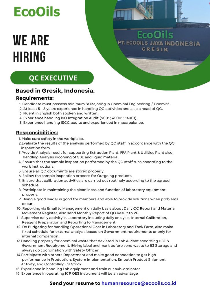 Lowongan Kerja QC Executive PT EcoOils Jaya Indonesia